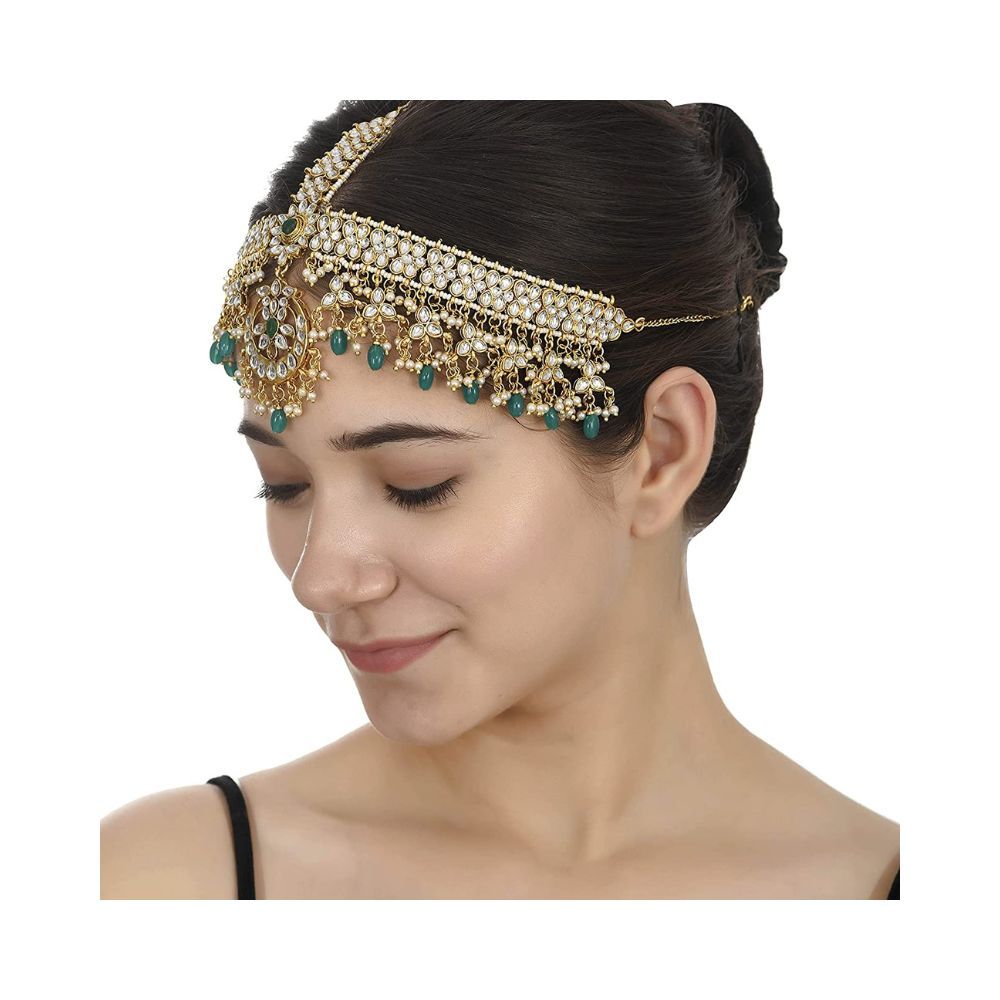 Sanjog Embellished Wedding Heavy Golden Green Kundan Stone Pearl Premium Matha Patti Maang Tika For Women & Girls (Green)