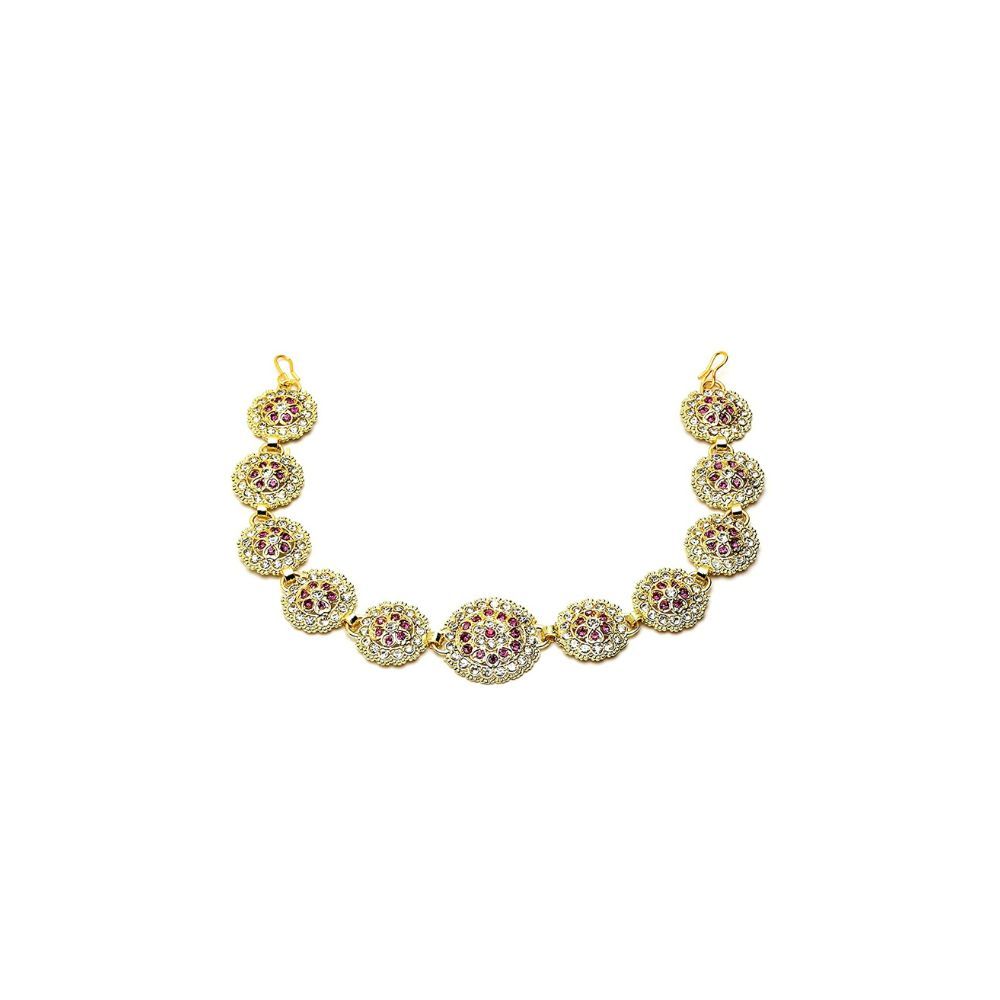 Sanjog Traditional Gold & Pink Meena Work Rajputi sheeshphool Matha Patti Jewelry for Women & Girls