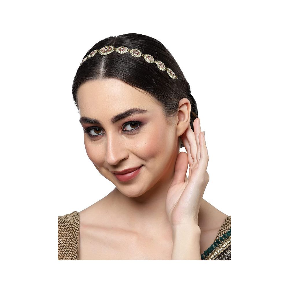 Sanjog Traditional Gold & Pink Meena Work Rajputi sheeshphool Matha Patti Jewelry for Women & Girls