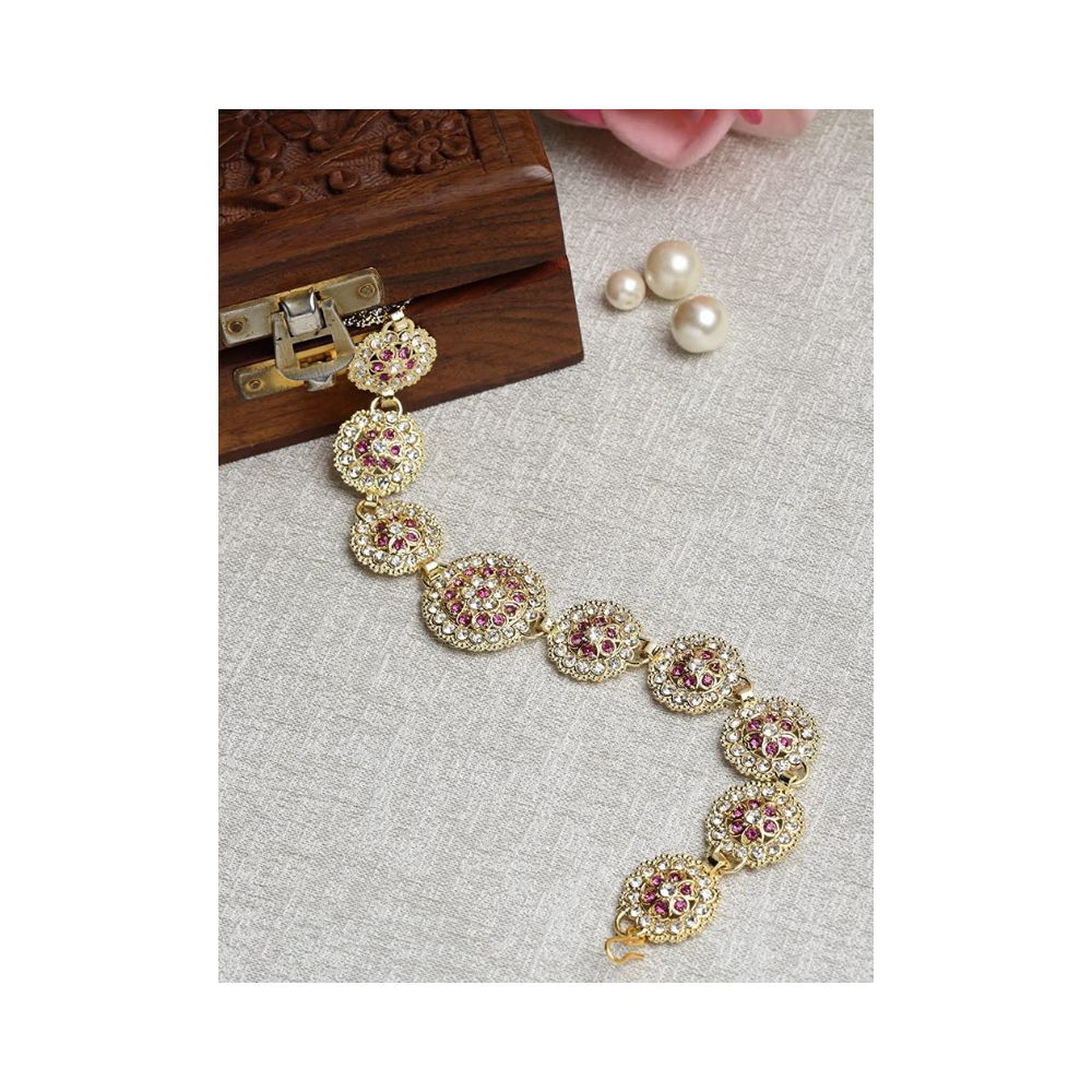 Sanjog Traditional Gold & Pink Meena Work Rajputi sheeshphool Matha Patti Jewelry for Women & Girls