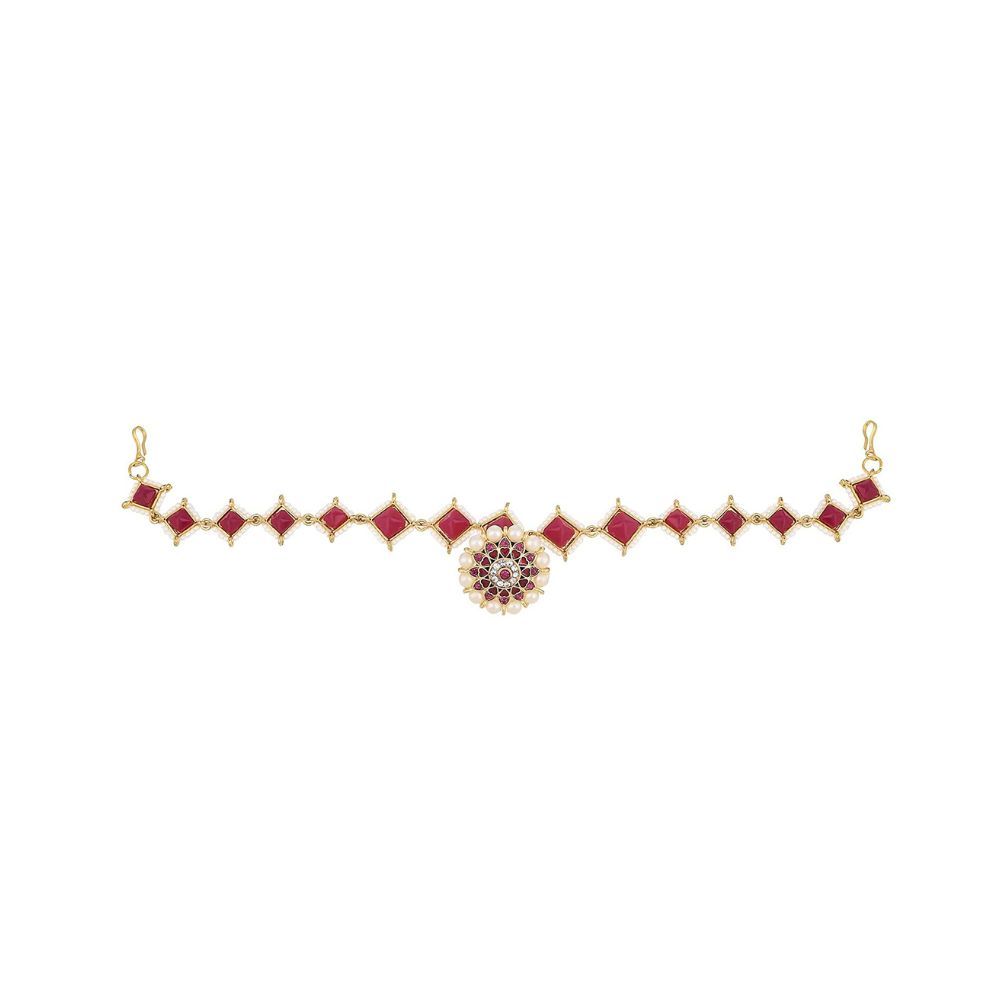 Sanjog Traditional Rajasthani Borla sheeshphool Matha Patti Maang Tika for Women & Girls (Red)