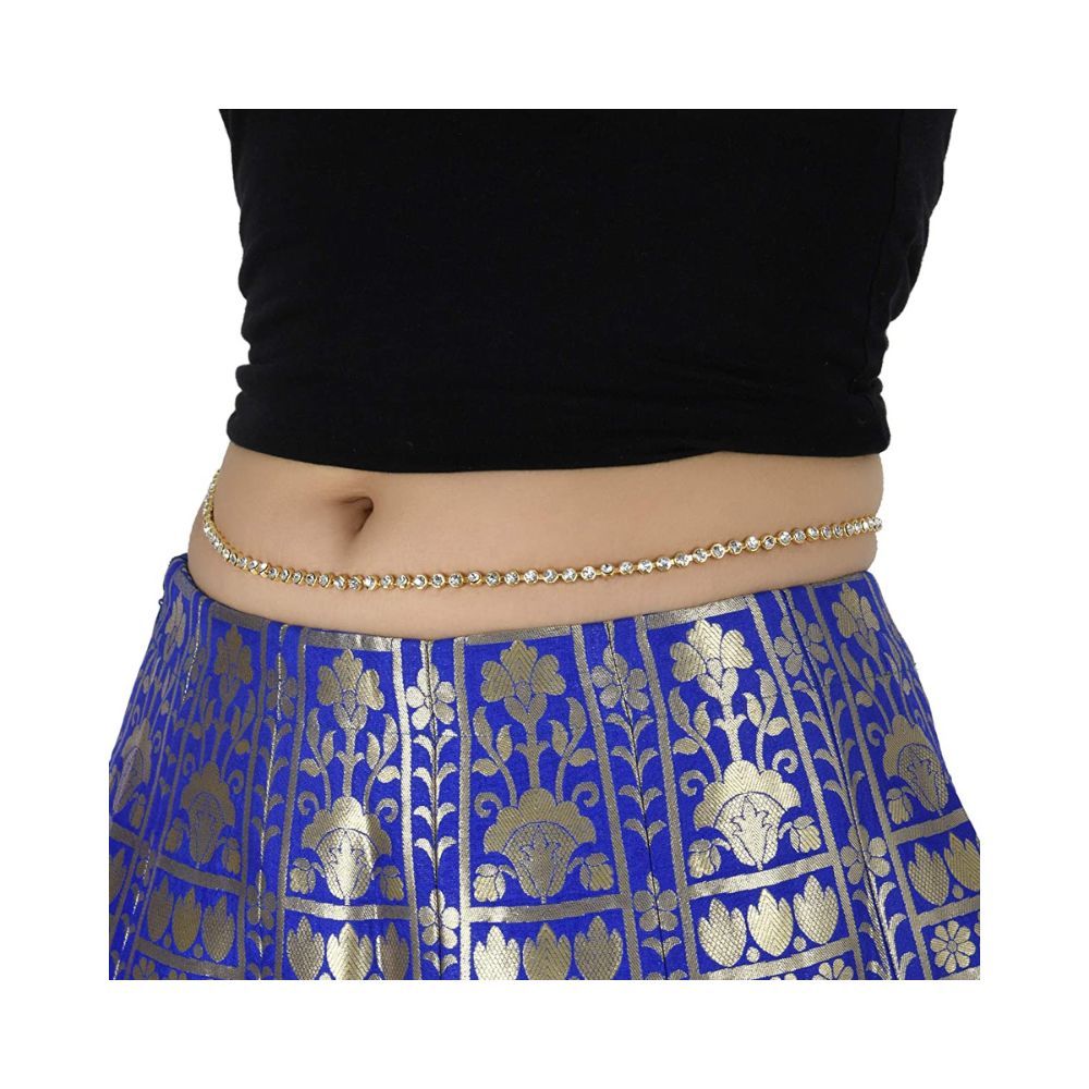 Sanjog Women's Brass Metal Golden Color Stylish One line Kundan Kamarband Belly Chains (Single Line)
