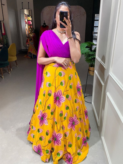 Sassy Dark Pink-Yellow Sequines Georgette Party Wear Crop-Top Lehenga