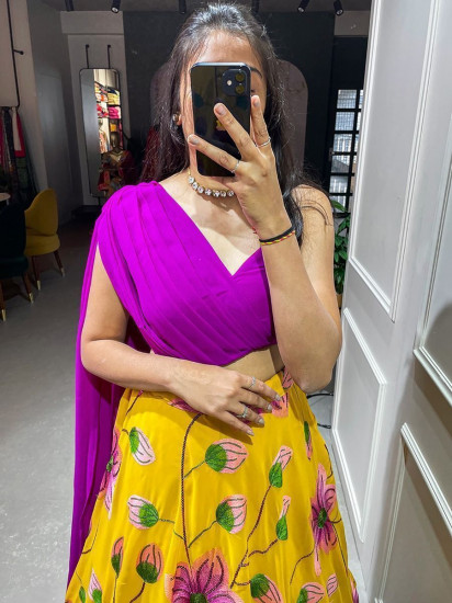 Sassy Dark Pink-Yellow Sequines Georgette Party Wear Crop-Top Lehenga