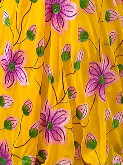 Sassy Dark Pink-Yellow Sequines Georgette Party Wear Crop-Top Lehenga