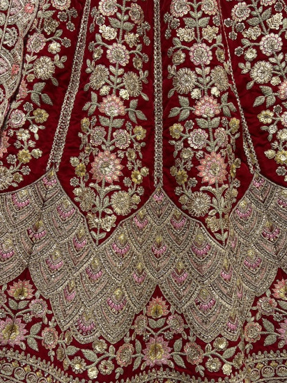 Sassy Red Fancy Embroidered Velvet Bridal Lehenga Choli
Semi Stitched