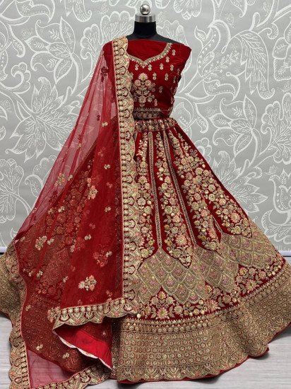 Sassy Red Fancy Embroidered Velvet Bridal Lehenga Choli
Semi Stitched