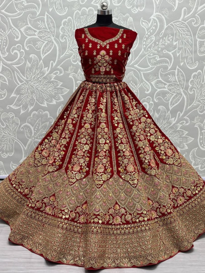 Sassy Red Fancy Embroidered Velvet Bridal Lehenga Choli
Semi Stitched