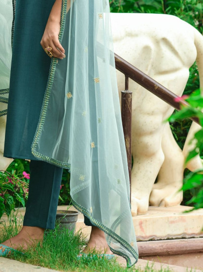 Satisfying Dark Green Thread Embroidered Cotton Ready-Made Pant Suit