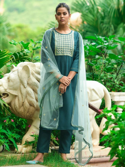 Satisfying Dark Green Thread Embroidered Cotton Ready-Made Pant Suit