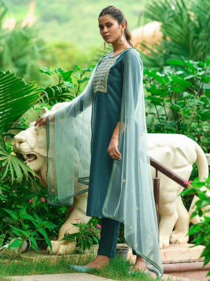 Satisfying Dark Green Thread Embroidered Cotton Ready-Made Pant Suit