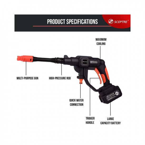 SCEPTRE SP-HP1188 Cordless Electric Pressure Washer 2 Water Resistant Lithium Battery Handheld Cleaning Homes Floors Cars Garden/Outdoor Cleaning and Watering Tool