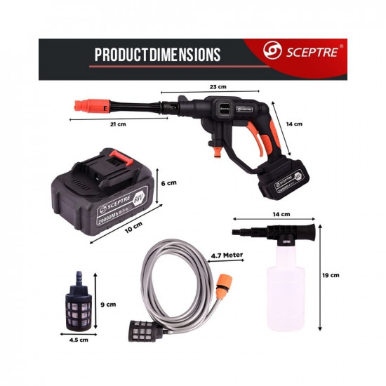 SCEPTRE SP-HP1188 Cordless Electric Pressure Washer 2 Water Resistant Lithium Battery Handheld Cleaning Homes Floors Cars Garden/Outdoor Cleaning and Watering Tool