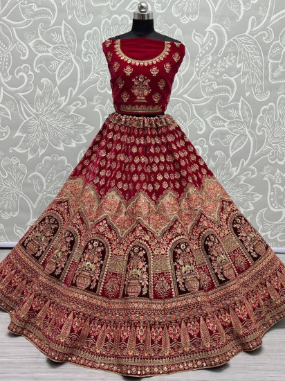 Seductive Hot Pink Multi Embroidered Velvet Bridal Lehenga