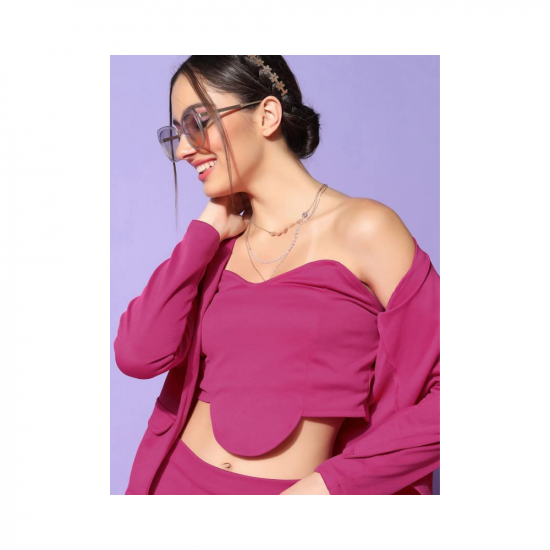Selvia Women's Pink Lycra Solid Three Piece Blazer Co-Ord Set