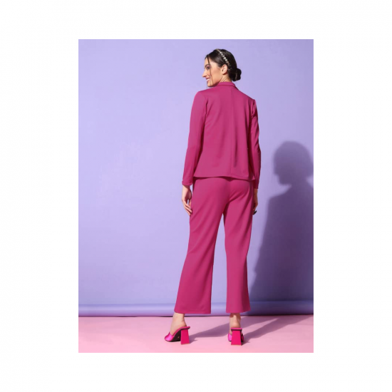 Selvia Women's Pink Lycra Solid Three Piece Blazer Co-Ord Set