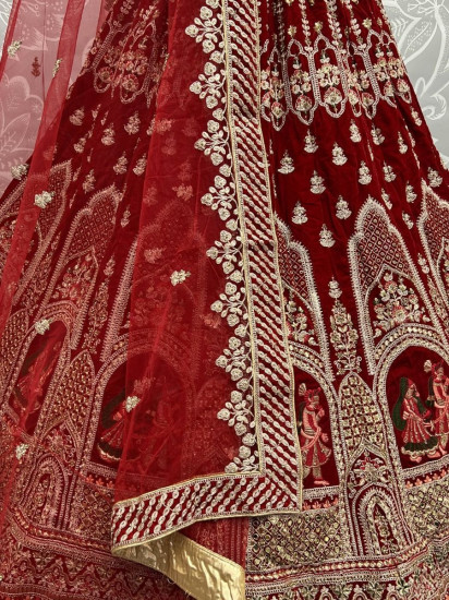 Sensational Ruby Red Zari Work Velvet Bridal Lehenga Choli
Semi Stitched