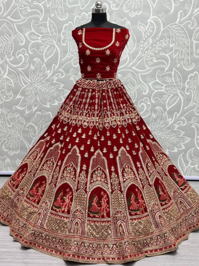 Sensational Ruby Red Zari Work Velvet Bridal Lehenga Choli
Semi Stitched