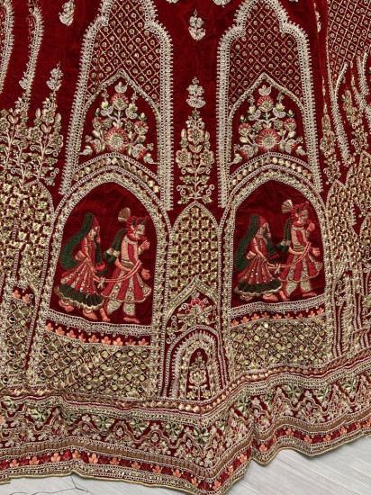 Sensational Ruby Red Zari Work Velvet Bridal Lehenga Choli
Semi Stitched