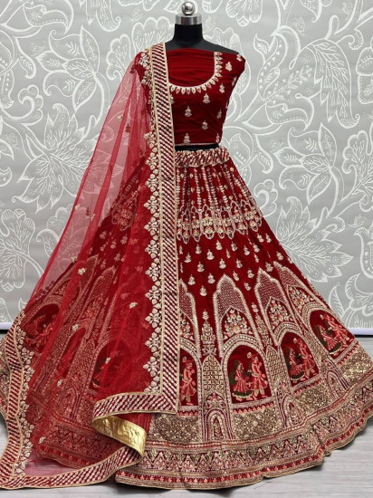 Sensational Ruby Red Zari Work Velvet Bridal Lehenga Choli
Semi Stitched