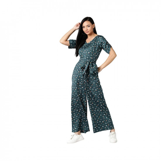 Serein Women's Jumpsuit (Green Printed Crepe Jumpsuit with Ruched Sleeve & V-Neck)