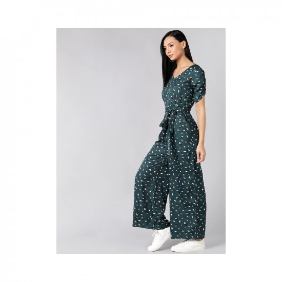 Serein Women's Jumpsuit (Green Printed Crepe Jumpsuit with Ruched Sleeve & V-Neck)