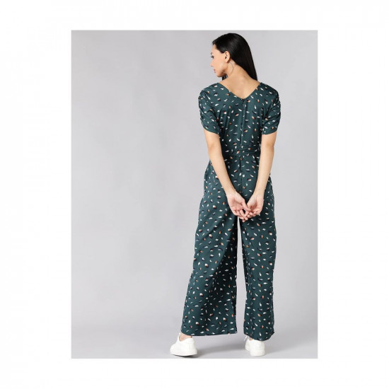 Serein Women's Jumpsuit (Green Printed Crepe Jumpsuit with Ruched Sleeve & V-Neck)