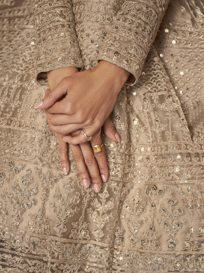 Shamita Shetty Beige Embroidered Net Wedding Wear Anarkali Suit