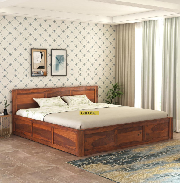 Image of Sheesham Wood King Size Bed with Box Storage for Bedroom Furniture Wooden Palang for Living Room Furniture | Honey Finish (BS)