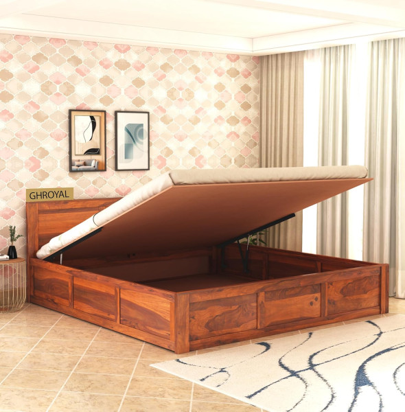 Image of Sheesham Wood King Size Bed with Box Storage for Bedroom Furniture Wooden Palang for Living Room Furniture | Honey Finish (Hydraulic)