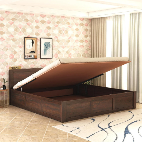 Image of Sheesham Wood King Size Bed with Box Storage for Bedroom Furniture Wooden Palang for Living Room Furniture | Walnut Finish (Hyrdraulic)