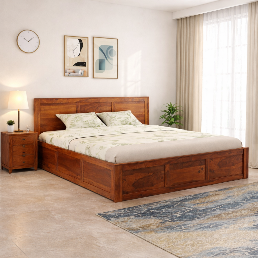 Sheesham Wood Queen Size Double Bed with Box Storage for Bedroom Furniture Wooden Palang for Living Room Furniture Honey Finish BS - Image 1
