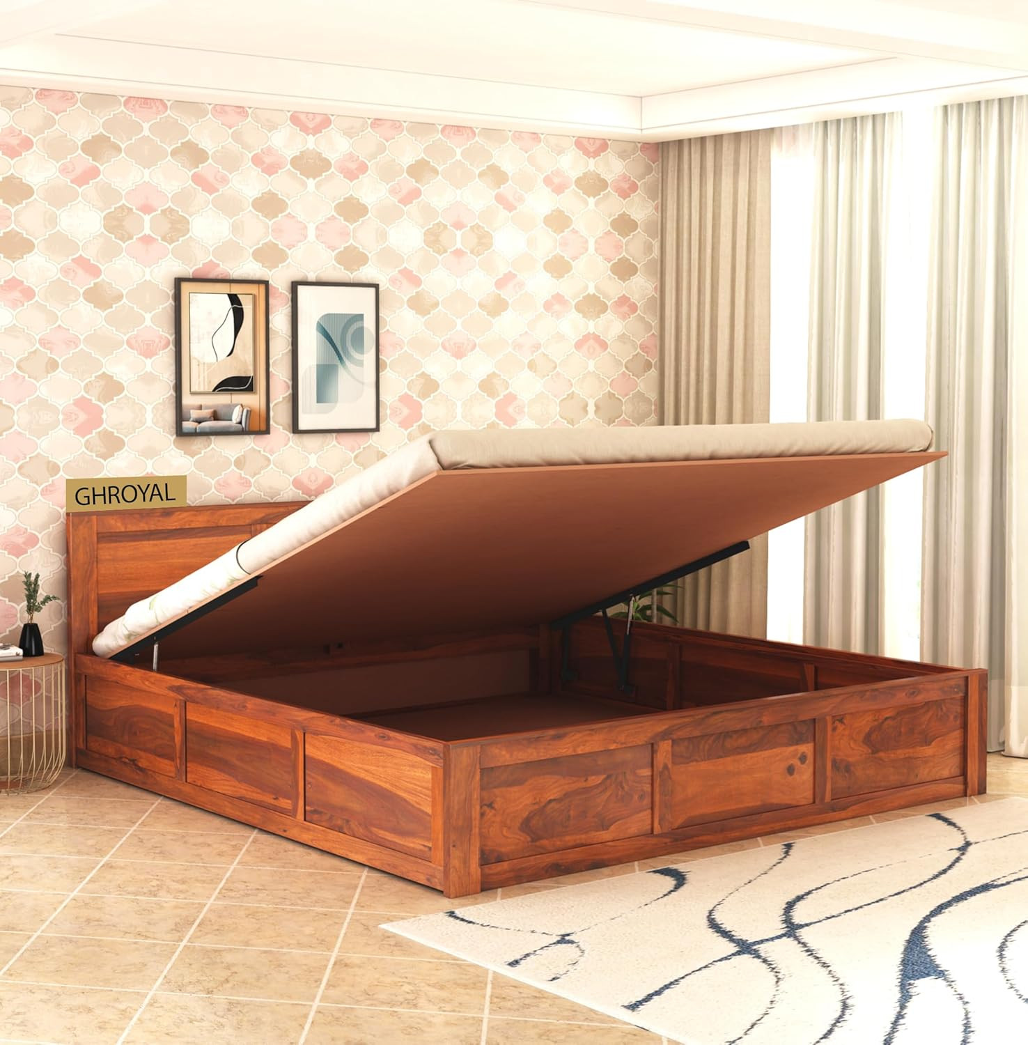 Sheesham Wood Queen Size Double Bed with Box Storage for Bedroom Furniture Wooden Palang for Living Room Furniture  Honey Finish Hydraulic - Image 1