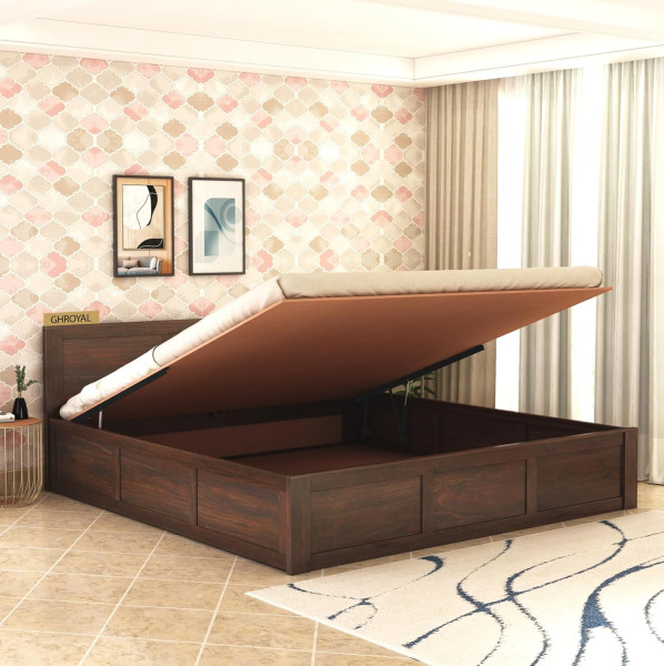Image of Sheesham Wood Queen Size Double Bed with Box Storage for Bedroom Furniture Wooden Palang for Living Room Furniture | Walnut Finish (Hyrdraulic)