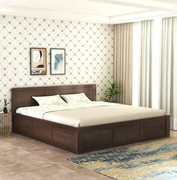 Image of Sheesham Wood Queen Size Double Bed with Box Storage for Bedroom Furniture Wooden Palang for Living Room Furniture | Walnut Finish - Box Storage