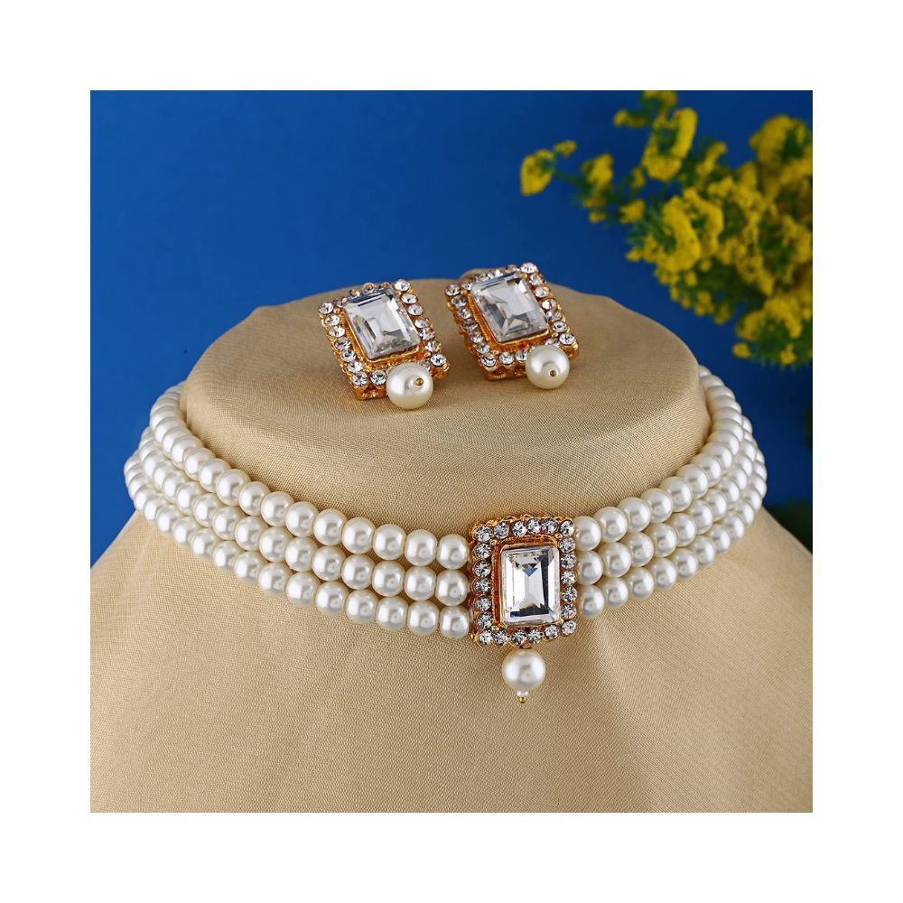 Shining Diva Fashion 18k Gold Plated Latest Stylish Traditional Pearl Choker Necklace Jewellery Set for Women