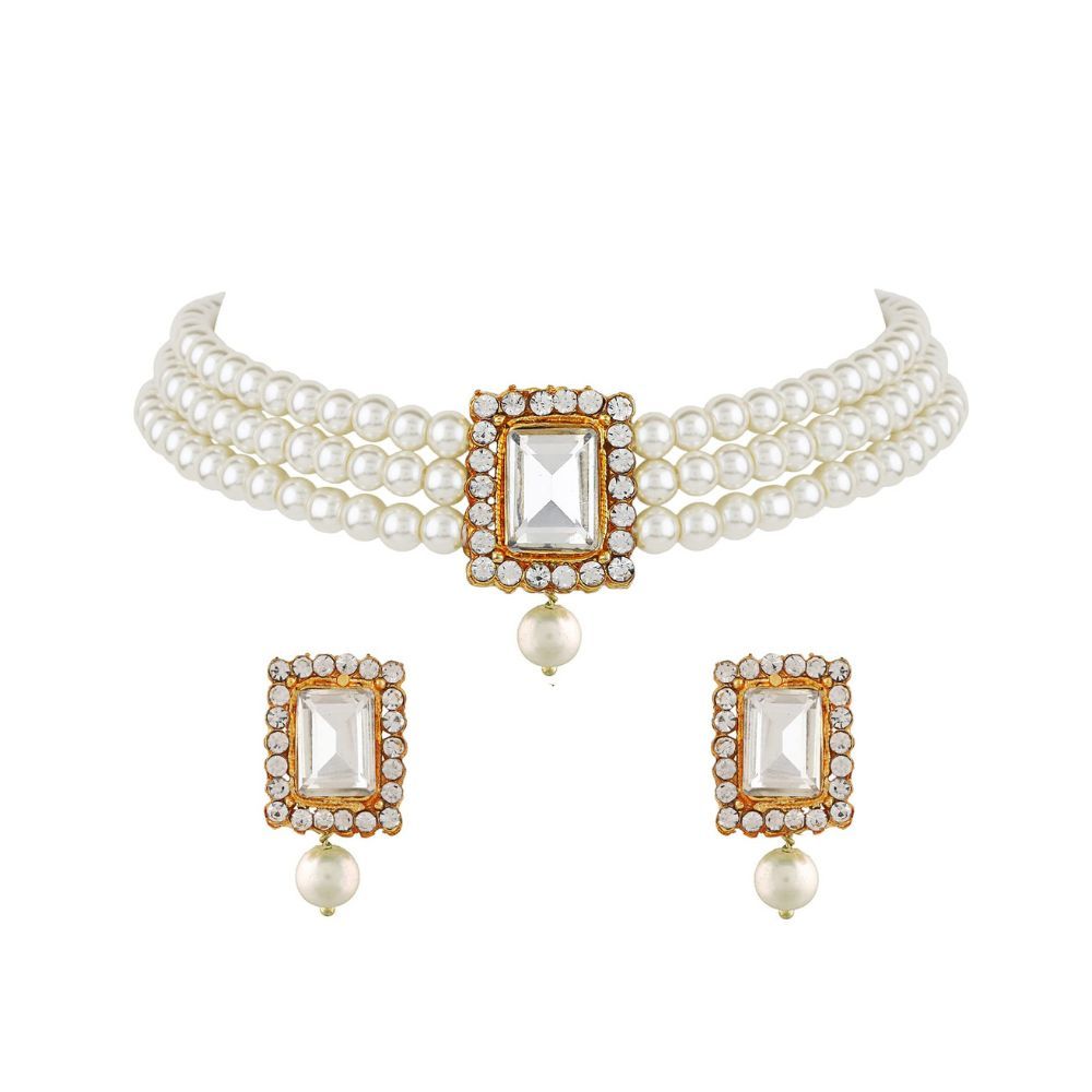 Shining Diva Fashion 18k Gold Plated Latest Stylish Traditional Pearl Choker Necklace Jewellery Set for Women