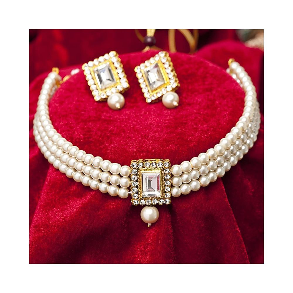 Shining Diva Fashion 18k Gold Plated Latest Stylish Traditional Pearl Choker Necklace Jewellery Set for Women