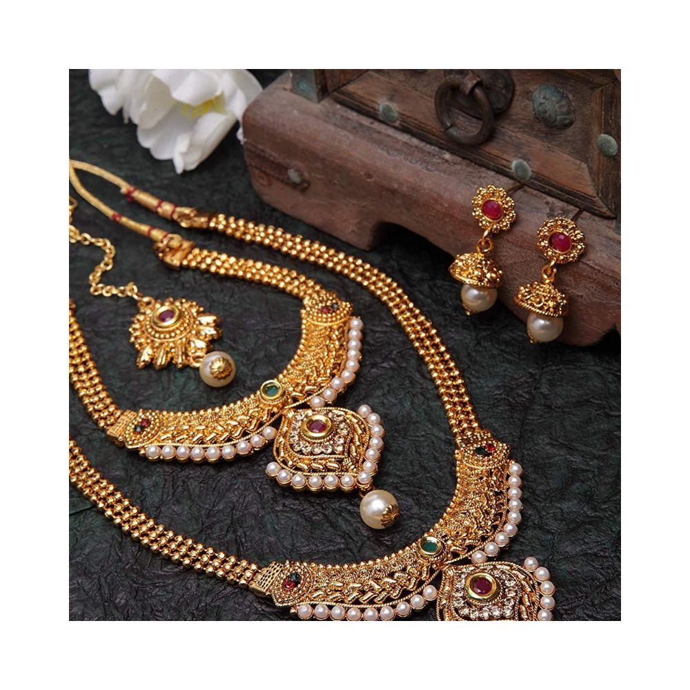 Shining Diva Fashion 18k Gold Plated Long Short Necklace Combo Stylish Traditional Pearl Jewellery Set for Women