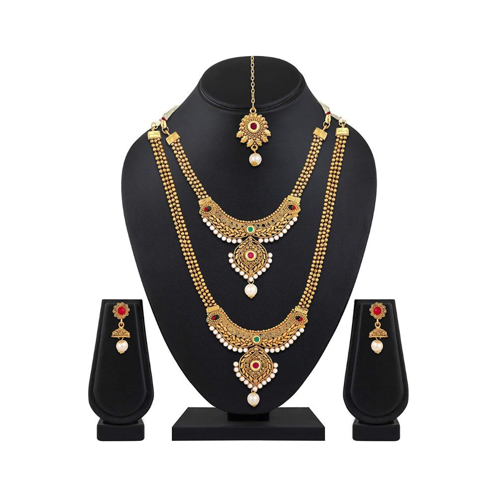 Shining Diva Fashion 18k Gold Plated Long Short Necklace Combo Stylish Traditional Pearl Jewellery Set for Women