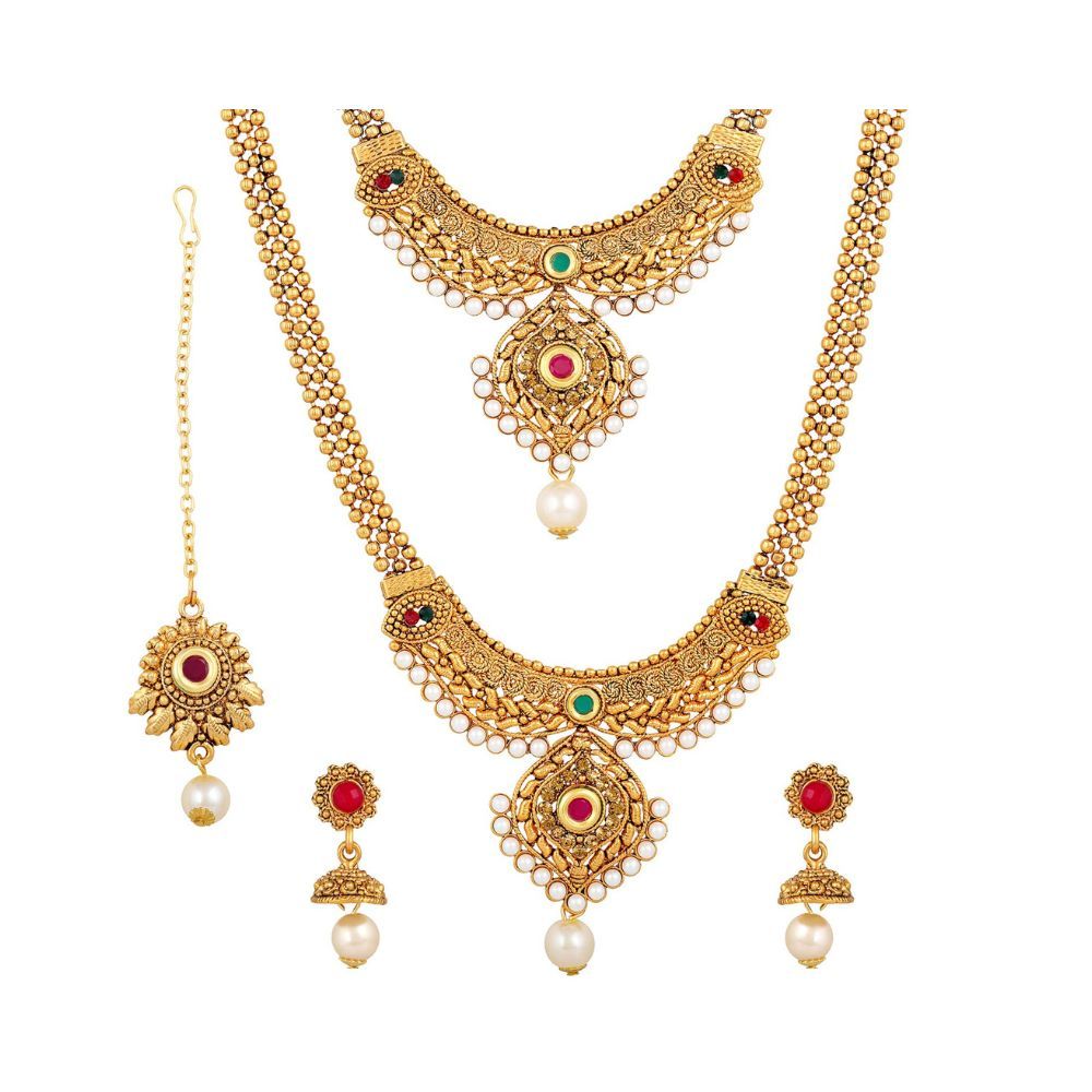 Shining Diva Fashion 18k Gold Plated Long Short Necklace Combo Stylish Traditional Pearl Jewellery Set for Women