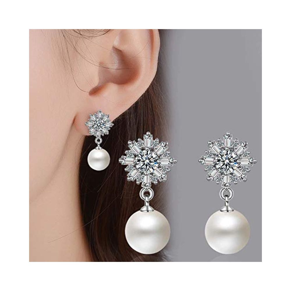 Shining Diva Fashion Latest Crystal Pearl Silver Plated Earrings for Women
