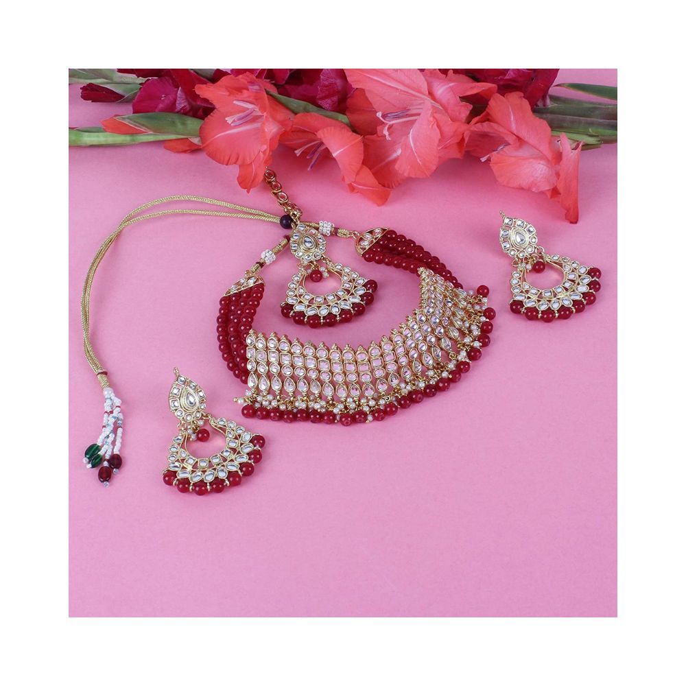 Shining Diva Fashion Latest Gold Plated Kundan Design Pearl Stylish Choker Wedding Necklace Jewellery Set for Women