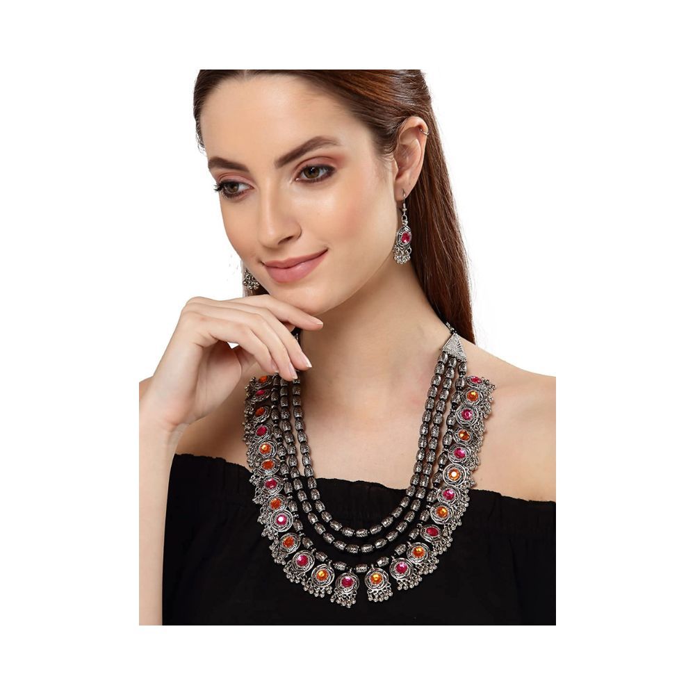 Shining Diva Fashion Latest Stylish Fancy Oxidised Silver Tribal Necklace Jewellery Set for Women (12164s)