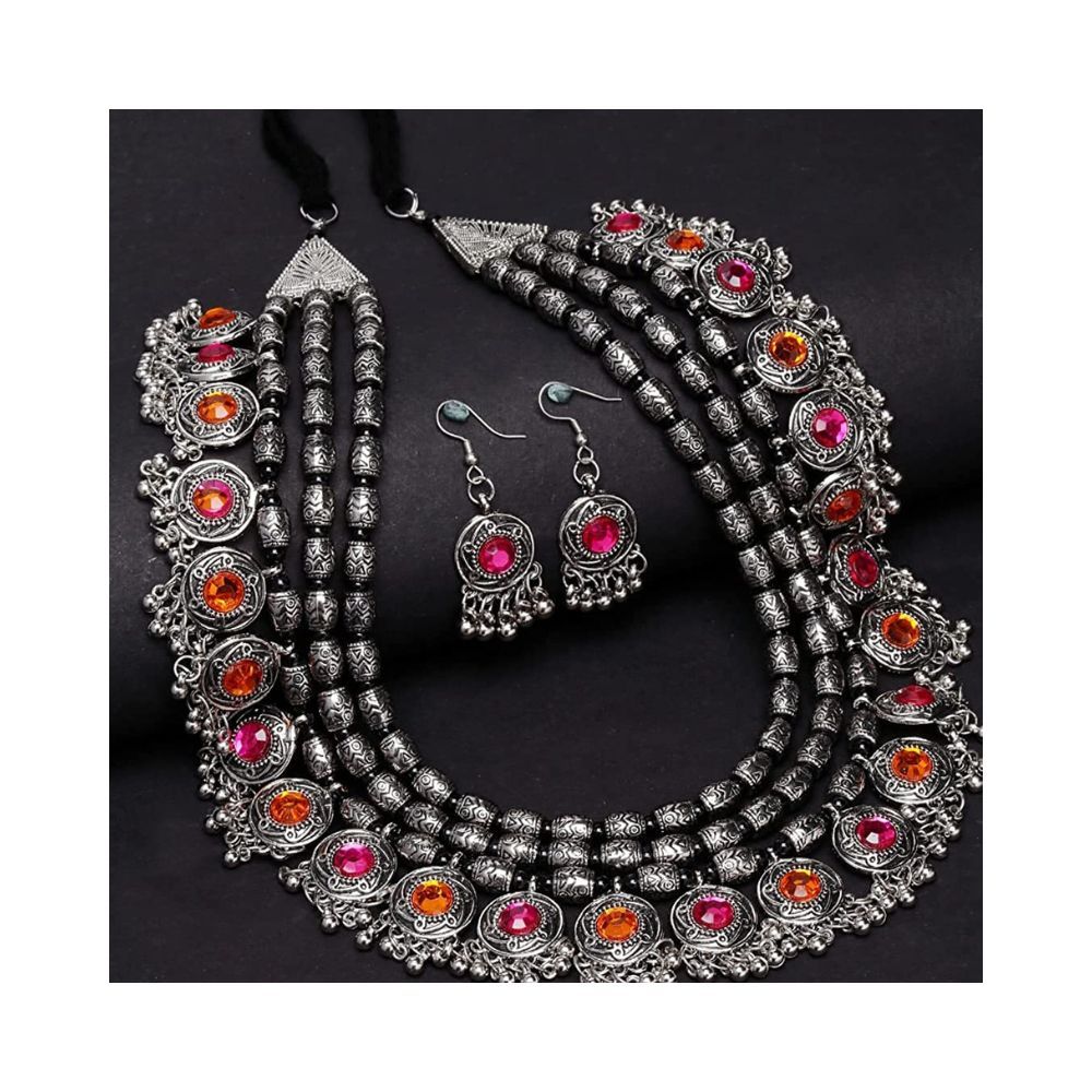 Shining Diva Fashion Latest Stylish Fancy Oxidised Silver Tribal Necklace Jewellery Set for Women (12164s)