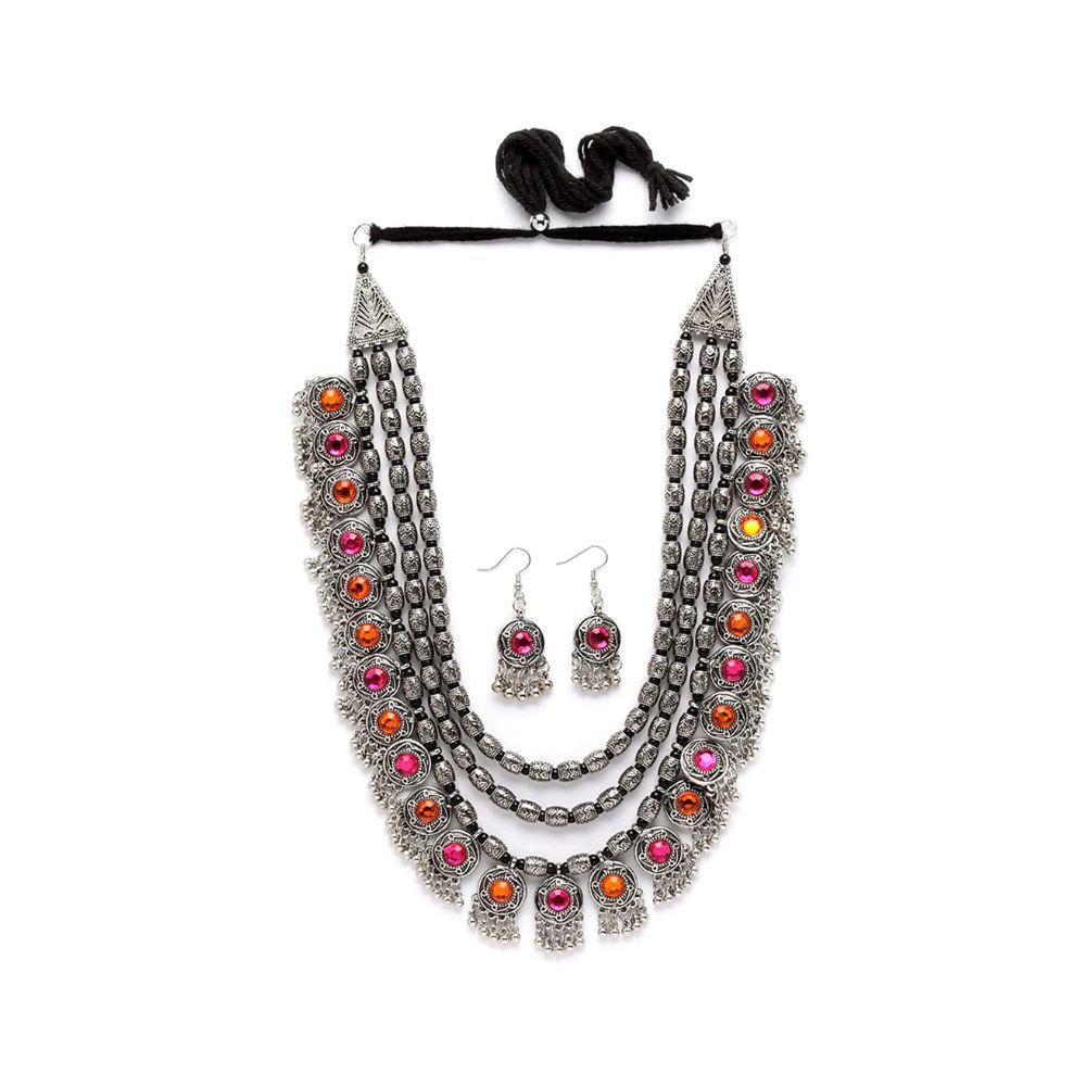 Shining Diva Fashion Latest Stylish Fancy Oxidised Silver Tribal Necklace Jewellery Set for Women (12164s)