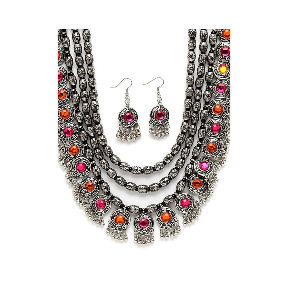 Shining Diva Fashion Latest Stylish Fancy Oxidised Silver Tribal Necklace Jewellery Set for Women (12164s)