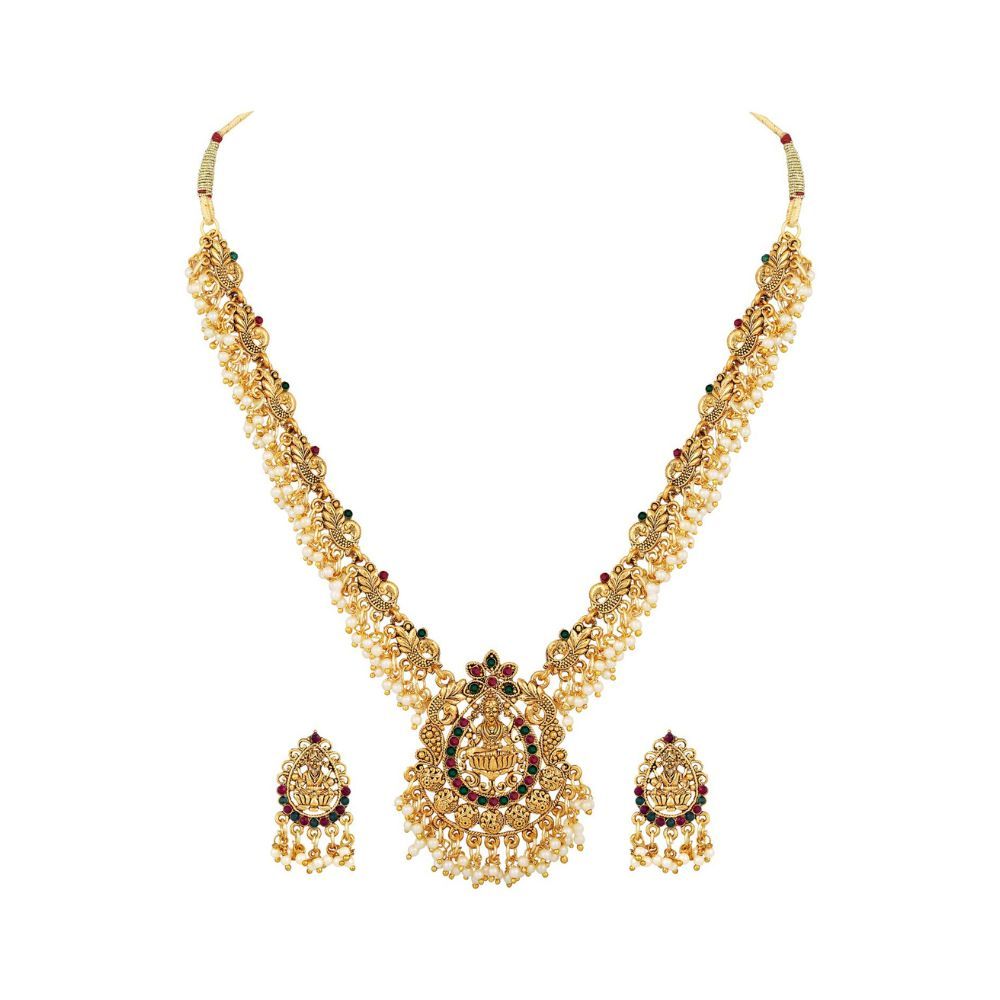 Shining Diva Fashion Latest Temple Design Gold Plated Traditional Pearl Necklace Jewellery Set for Women