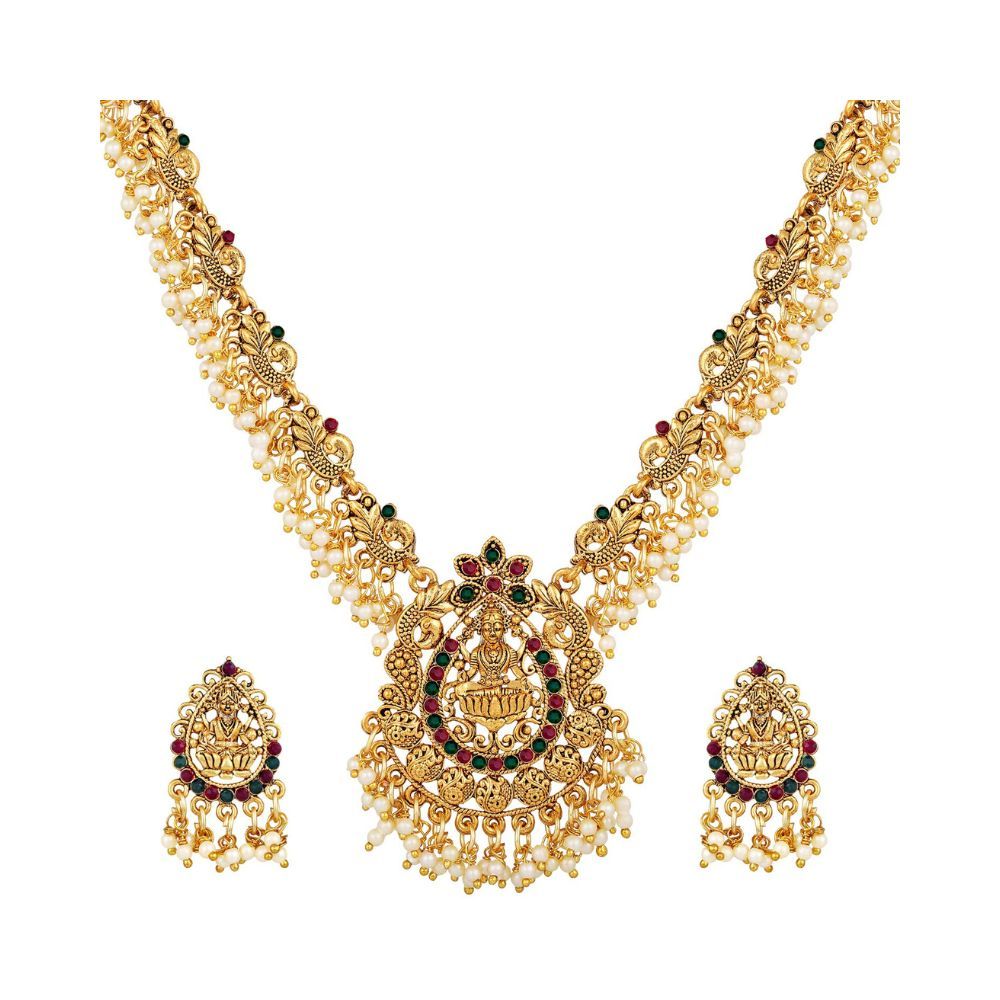 Shining Diva Fashion Latest Temple Design Gold Plated Traditional Pearl Necklace Jewellery Set for Women