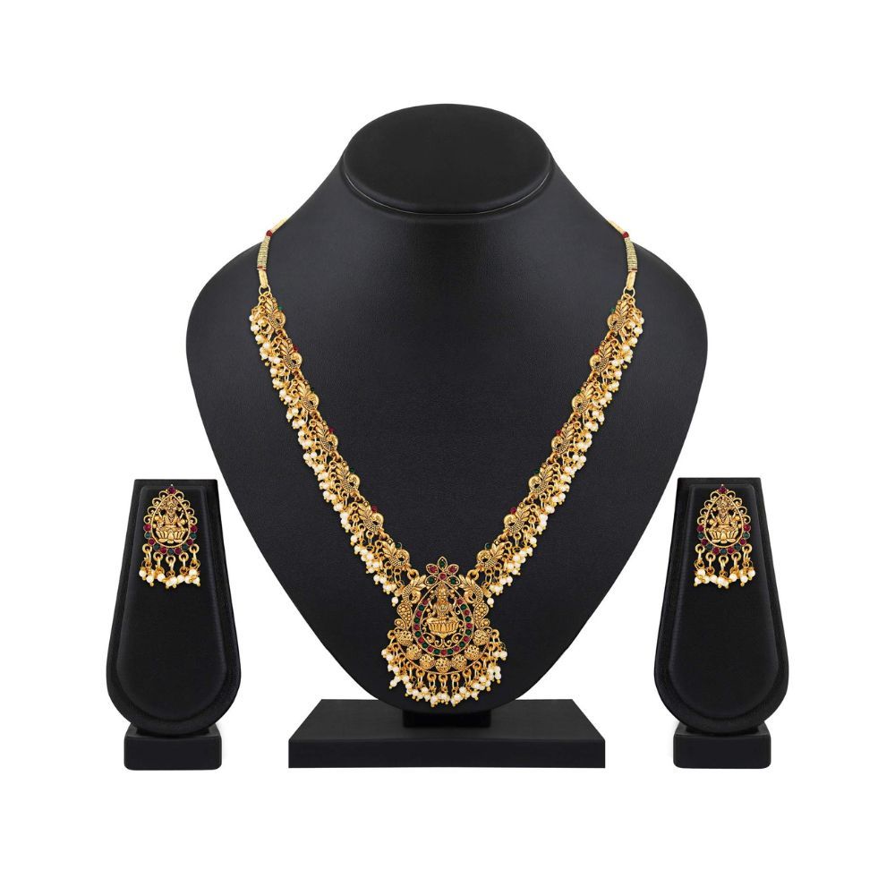 Shining Diva Fashion Latest Temple Design Gold Plated Traditional Pearl Necklace Jewellery Set for Women